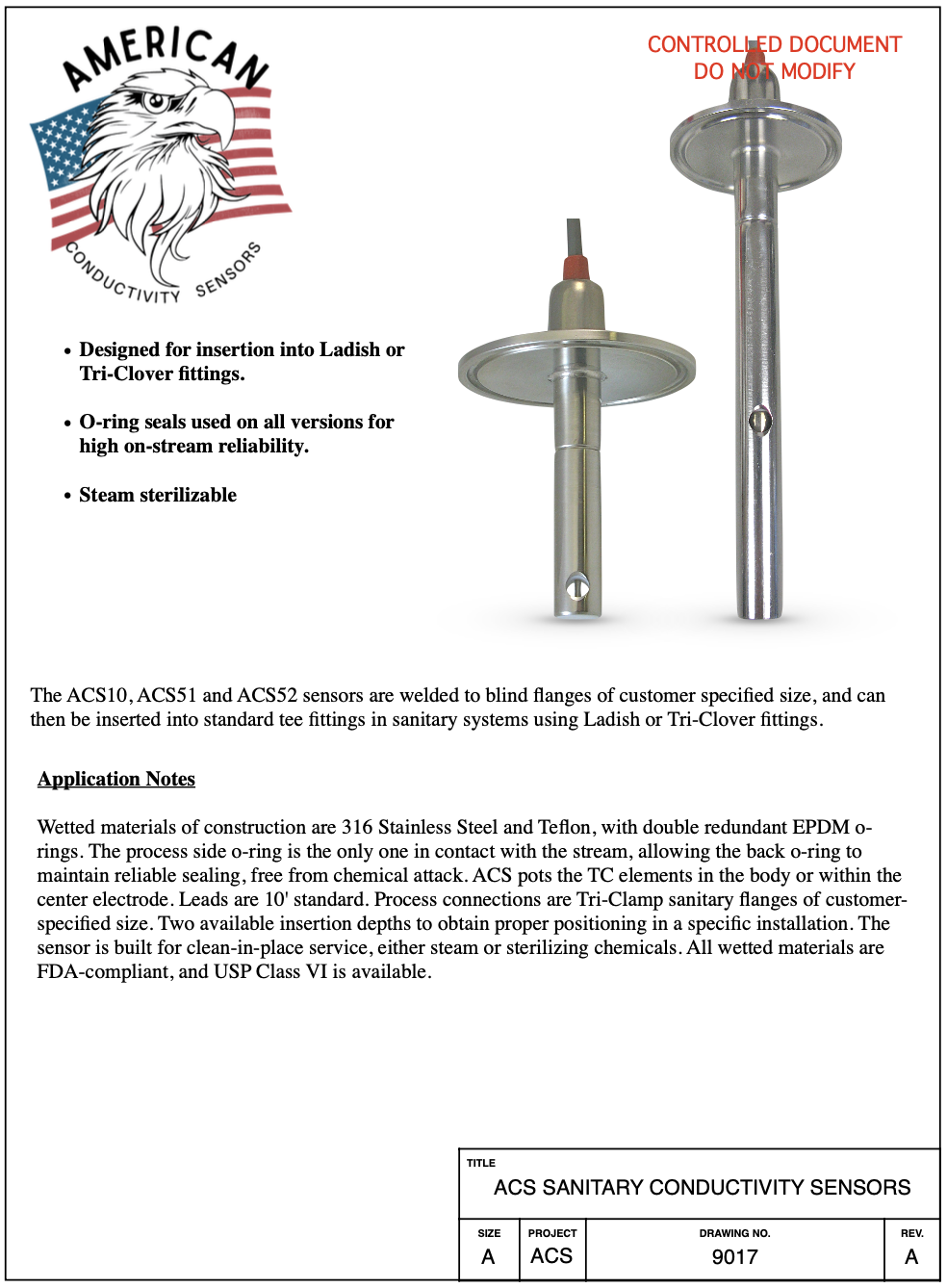 ACS Sanitary Sensor Specs